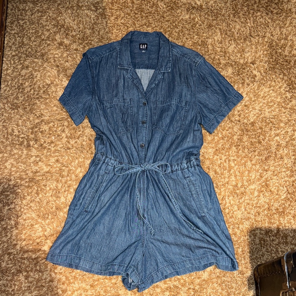 GAP Denim Dark Blue Button Down Collared Short-Sleeve Romper Pockets